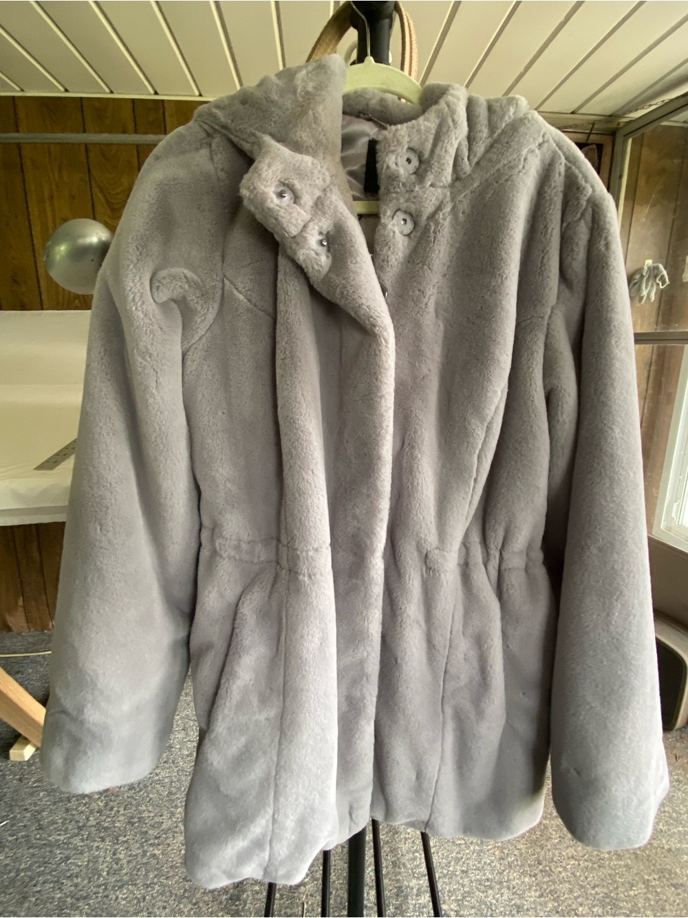 Dennis Basso Grey Gray Faux Fur Ladies Large Hooded Winter Coat